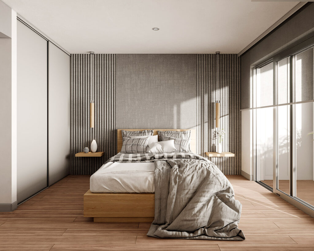 Render dormitorio en departamento de un dormitorio edificio bliss