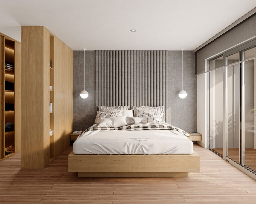 Render dormitorio con vestidor en departamento de dos dormitorios edificio bliss