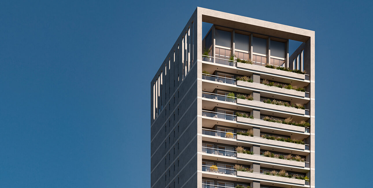 Vista exterior render de pisos superiores edifico Bliss